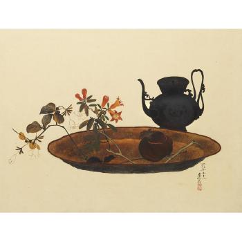 Pomegranate branch, fruit on a tray and a water pitcher by 
																			Shibata Zeshin