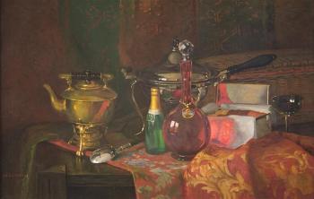Still Life with a Decanter, Biscuits, Kettle and Warming Pans by 
																			Jonas Joseph la Valley