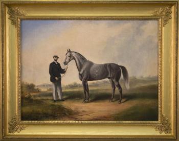 Thoroughbred Held by Groom in Landscape by 
																			Thomas Kirby van Zandt