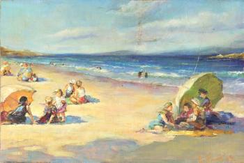 Beach Scene with Umbrellas and Children by 
																			Leonce Furt
