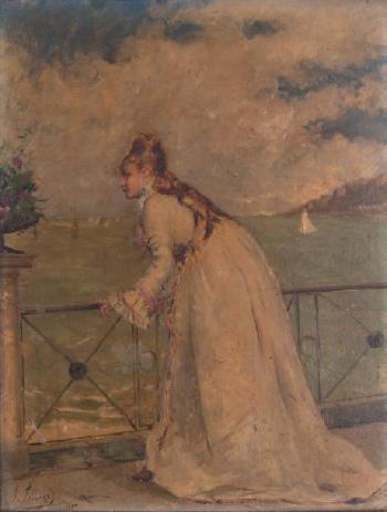 Jeune femme regardant la mer by 
																	Joaquin Pallares y Allustante