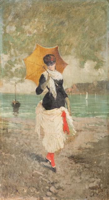 Giovane donna elegante con ombrello giallo sulla spiaggia by 
																	Emilio Magistretti