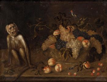 Bodegón con cesto de frutas y mono by 
																	Juan van der Hamen y Leon
