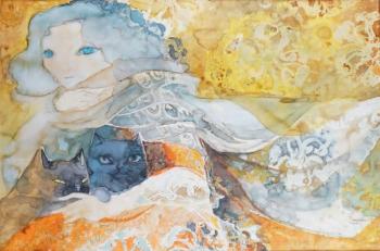 Jeune fille au chat by 
																	Nicole Rousseau-Grolee