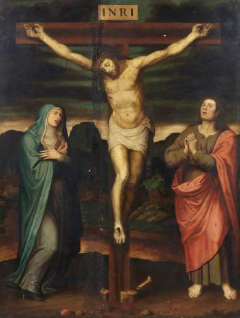 Christ en croix entouré de la Vierge et saint Jean by 
																	Joan Macip