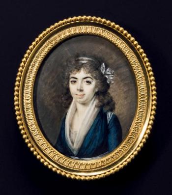 Portrait d'une jeune femme en buste vers la gauche, presque de face, en robe bleue bordée de voile blanc by 
																	Marie Therese Noireserre