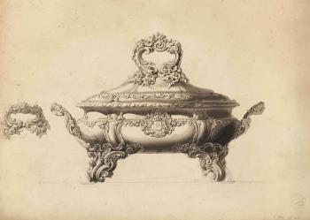 Projet de soupière ovale sur quatre pieds en enroulement avec attaché rocaille et son couvercle by 
																	Jean Baptiste Claude Odiot