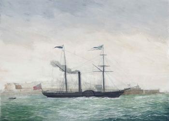 The paddlesteamer Manchester of Glasgow emerging from Grand Harbour, Valetta, Malta by 
																	Niccolo S Cammillieri