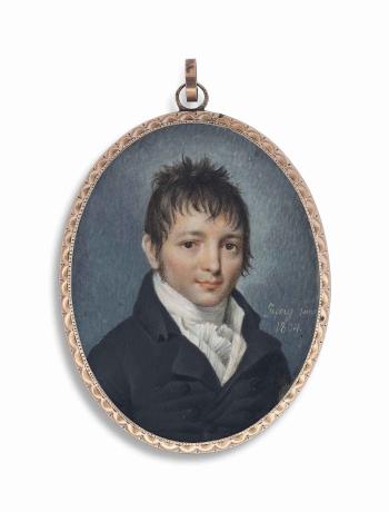 A boy, in double-breasted black coat, striped white waistcoat and frilled cravat by 
																	Friedrich August Junge