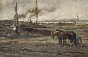 Construction work in the Rotterdam harbour by 
																	August Willem van Voorden