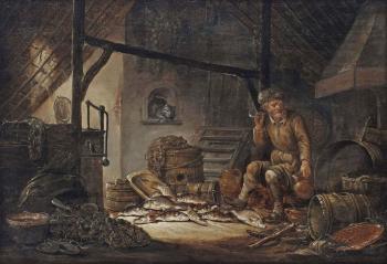 A barn interior with a seated fisherman smoking and drinking, various fish at his feet by 
																	Pieter de Putter