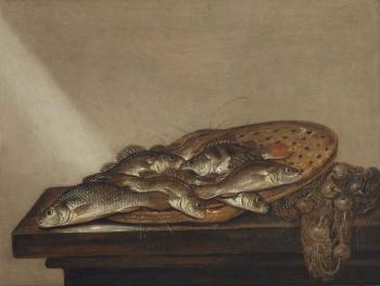 Various fish on a terra-cotta strainer, together with a fishing net on a table by 
																	Pieter de Putter