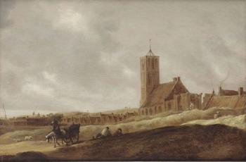 A view of Egmond aan Zee, a horsedrawn cart and figures resting in the foreground by 
																	Salomon van Ruysdael