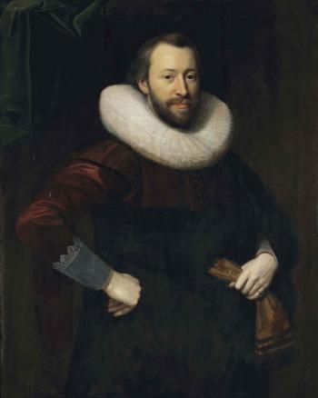 Portrait of a gentleman, three-quarter-length, in a red and black costume with a lace collar, holding a pair of gloves in his left hand by 
																	Cornelis van der Voort