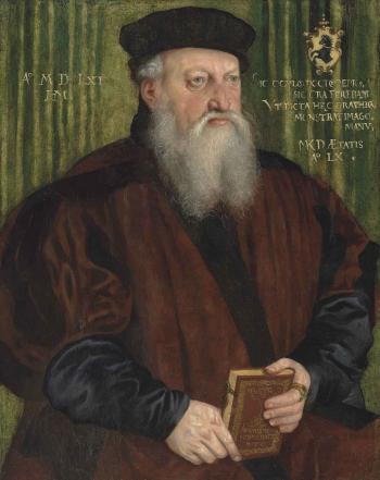 Portrait of a Martin Klostermair (b. 1502), aged 60, half-length, in a brown coat and black hat, holding a book by 
																	Hans Mulich