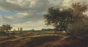 A wooded landscape with a herdsman on horseback driving his cattle and shepherds with their flock, a man walking his dogs in the dunes, a village with the ruins of Egmond Abbey beyond by 
																	Salomon van Ruysdael