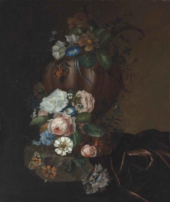 Roses, morning glories and other flowers in an urn and on a draped stone ledge, with an Admiral butterfly by 
																	A Ree