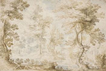 A wooded landscape with a river and farm buildings beyond by 
																	Frederik van Valckenborch