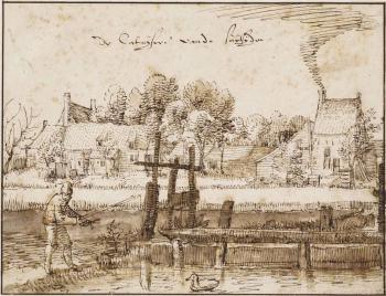 The Karthuizer Klooster, Amsterdam, with a small lock in the foreground by 
																	Claes Jansz Visscher