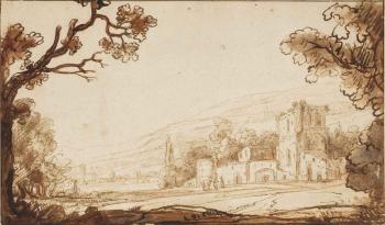 A hilly landscape with figures approaching a castle (recto); Two studies of a woman with a child (verso) by 
																	Abraham Furnerius