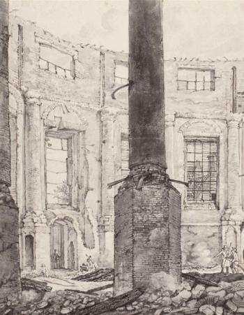 The ruins of the Lutheran Church, Amsterdam, after the fire of 1822, looking towards the organ-loft by 
																	Gerrit Lamberts