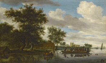 The River Lek With A Rowing Boat And Cattle Ferry, And Liesvelt Castle In The Distance by 
																	Salomon van Ruysdael