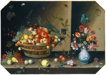 Still Life Of Apples, Pears, Peaches And Plums With Grapes And Walnuts In A Wicker Basket, Together With Flowers, Including Tulips, Irises And Carnations In A Blue And White Vase Upon A Table Top by 
																	Joannes Baers