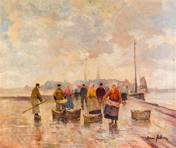 Niederländische Hafenstadt mit Fischern, die ihren Fang an Marktleute verteilen by 
																	Bruno Juttner