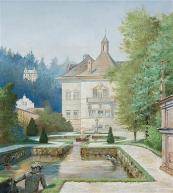 Wasserspiele im Schloß Hellbrunn sowie Blick auf das Monatsschlößl by 
																	Friedrich Inhauser