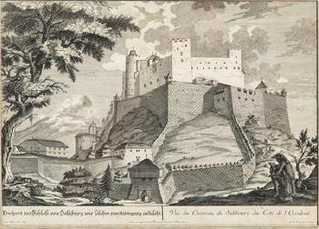 Ansicht der Festung Hohensalzburg, mit der Sitzfigur des Künstlers by 
																	Franz Anton Danreiter
