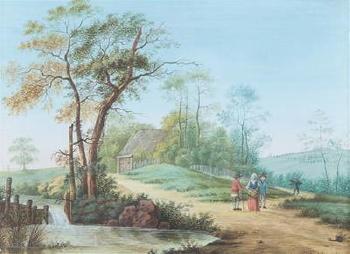 Paar mit Hund am Gewässer vor Bauerngehöft (1); Personen in Bachlandschaft (2) by 
																			Gustav Harkort