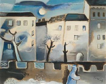 Row of houses with a blue figure by 
																	Ernst Paar
