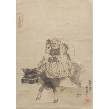 Daikoku, the God of Wealth, riding on top of two rice bales on the back of an ox, a mallet in his right hand, his left hand grasping his sack which he carries on his back by 
																			Kano Natsuo
