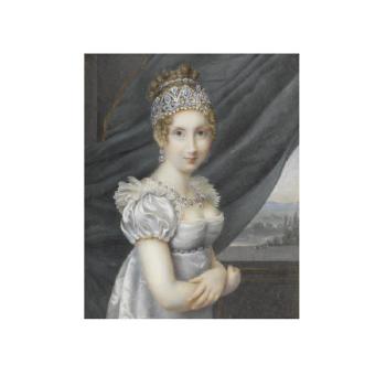 A Noblelady, standing before a landscape vista and green drapery, wearing white dress with lace trim and sapphire and diamond jewels, her blonde hair curled and upswept by 
																	Marguerite Jaser