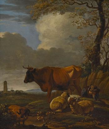 Rastender Hirte mit Kuh und Schafen by 
																	Jan le Ducq