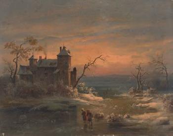 Abendliche Winterlandschaft mit zwei Frauen auf dem Eis by 
																	Heinrich Franz Gaudenz von Rustige