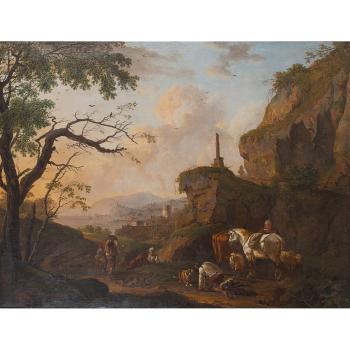 Italianate landscape with travellers and animals on a wooded path by 
																			Nicholas de Fassin
