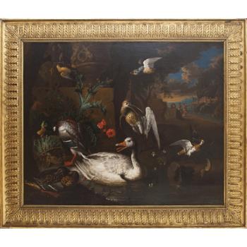 Wild fowl with landscape and figures by 
																	Adriaen van Oolen