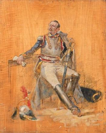 Cuirassier du Premier-Empire, assis sur une chaise, son casque et son porte-manteau posés à terre by 
																	Maurice Henri Orange
