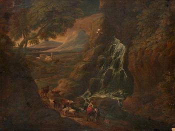 Couple de paysans conduisant leur troupeau près d'une cascade by 
																	Philip Augustyn Immenraedt