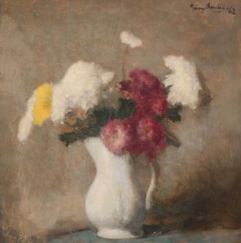 Still life with carnations in white jug by 
																	Georg Rueter