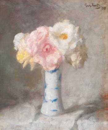 Still life with Roses in earthenware vase by 
																	Georg Rueter