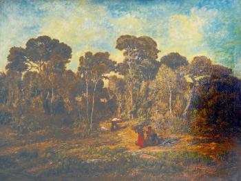 A Forrest Scene, with wood cutters by 
																	Jules Edouard de Magy