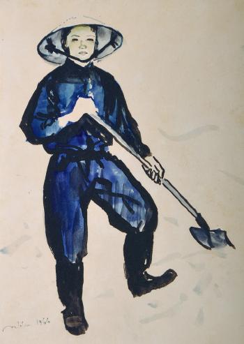 Study of a girl dressed in blue, with a spade by 
																	 Nguyen Thu
