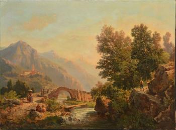 Paysan au vieux pont en montagne by 
																	Elisabeth Fort-Simeon
