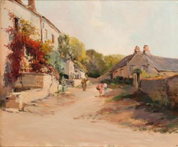 Rue de village animée by 
																	Ferdinand Troupeau