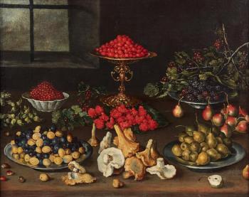 Nature morte aux champignons et fruits by 
																			Blas de Ledesma