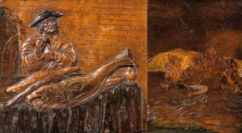 Darstellung eines Mannes hinter einem Tisch mit drei großen Fischen. Rechts davon Landschaft mit einem in den Wellen schwimmenden Segelboot und Hügel by 
																	Adam Eck