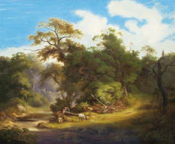 Idyllic Forest with Woodchoppers by 
																	Julius Bakof
