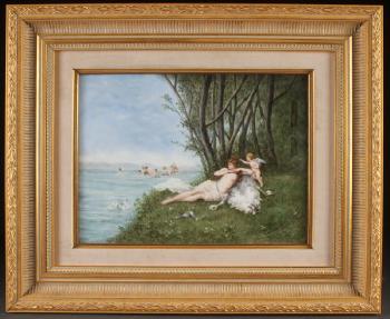 Frolicking nude bathers and a Cupid by 
																			Irene D'Arcoy